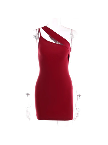 Julia Fashion - Solid Color Sexy Hollow Oblique Shoulder New Design Mini Dress