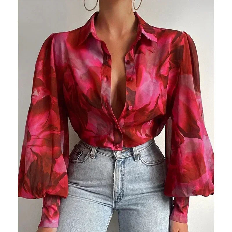Printed Lantern Sleeve Vintage Floral Button Long Sleeve Blouse blouse-250126