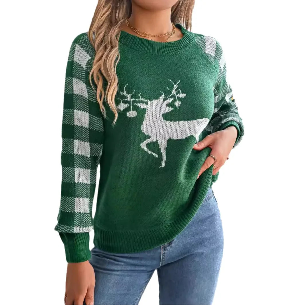 Checkered Deer Long Sleeve Hoodie Red Green Knitted Pullover New Year Christmas Sweater Sweaters-L