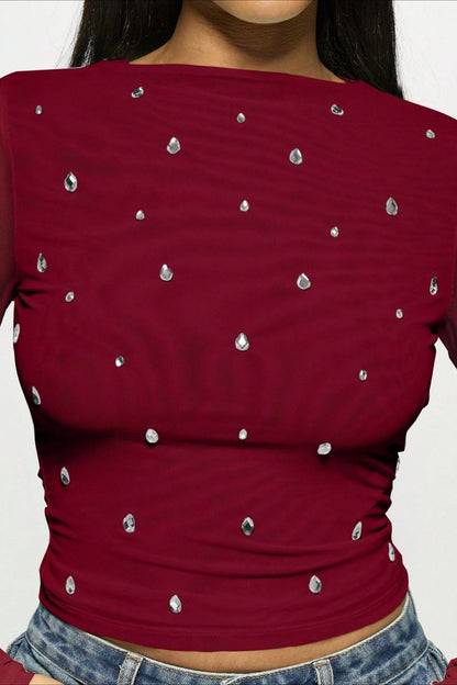 Double Layer Tulle Rhinestone Chic Long Sleeve Tee