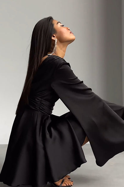 Solid V-neck Bow Snug Long-Sleeve Mini Dress