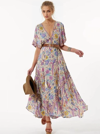 JuliaFashion - 2024 Wild Peacock & Flowers V-Neck Maxi Dress