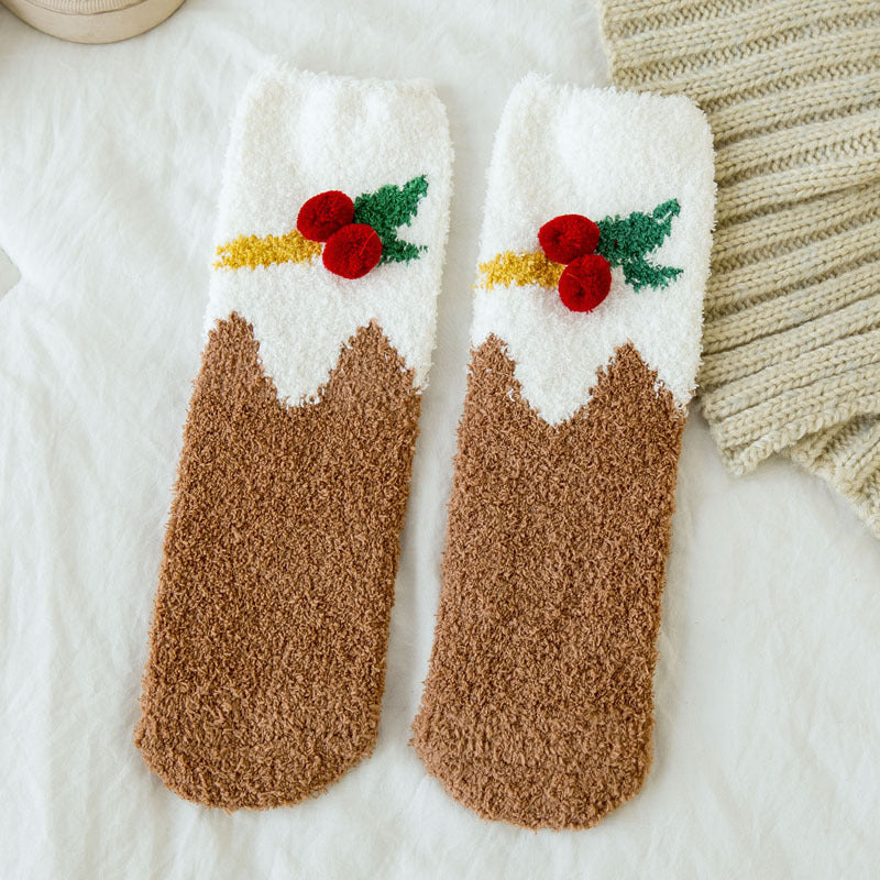 Soft Cotton Coral Fleece Cute Mid Calf Sleep Christmas Socks