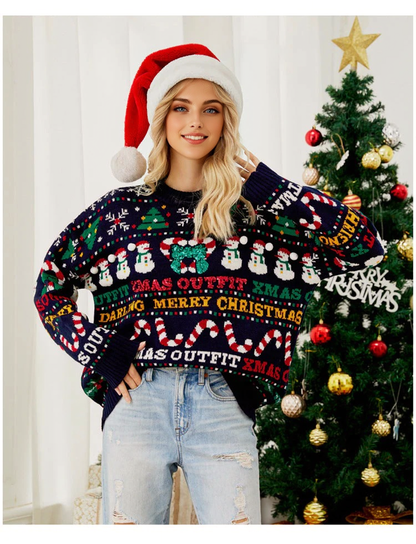 JuliaFashion-Women's Autumn and Winter Loose Knit Christmas Round Neck Sweater