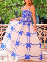 Unique Painted Crochet Floral Print Midi Dress