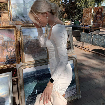 Popular Square Collar Pleated Brushed Long Sleeve Slim Dress