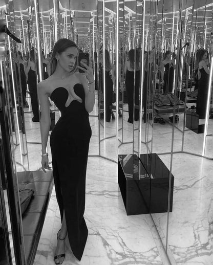 Tube Top V neck Long Slit Slimming Stretch Dress Black