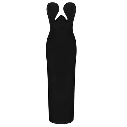 Tube Top V neck Long Slit Slimming Stretch Dress Black