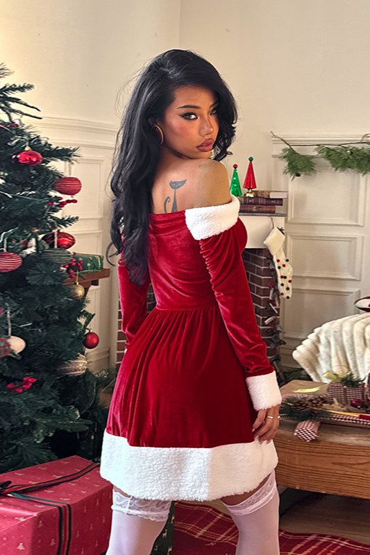Christmas Off-the-Shoulder Open Back Long Sleeve Glitter Party Dress