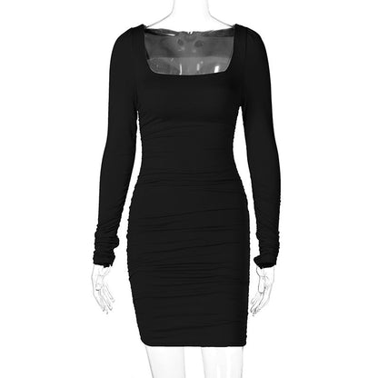 Popular Square Collar Pleated Brushed Long Sleeve Slim Dress