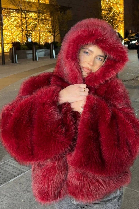 Angora Red Faux Fox Fur Cropped Hooded Coat