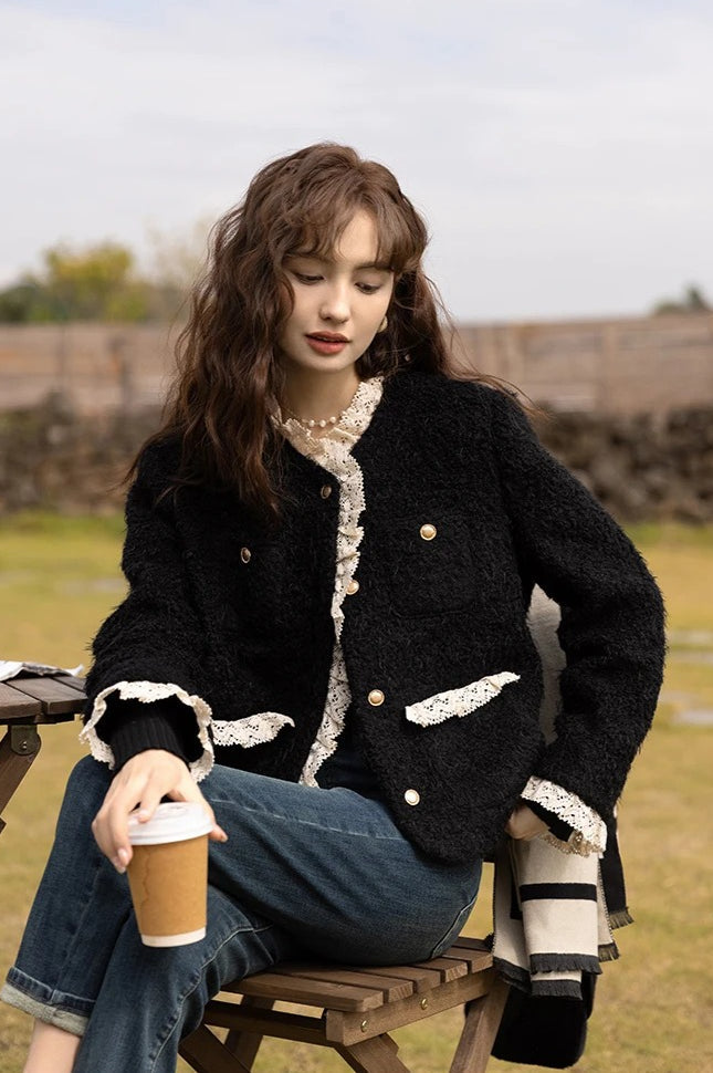 Retro Lace Splicing Wool Christmas Outerwear