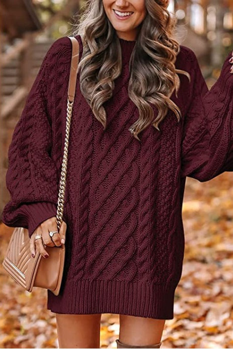 Relaxed Mock Neck Thick Knit Oversized Solid Sweater Dress
