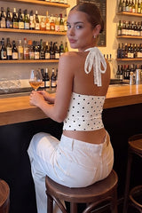Polka Dot Print Lace Trim Halter Top