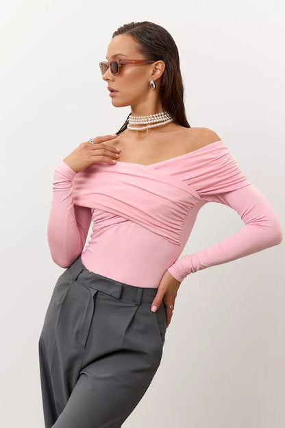Ruched Cross Slim Bare-Shoulder Long Sleeve Tee
