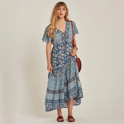 JuliaFashion-Butterfly Sleeve Button Down V-Neck Maxi Dress