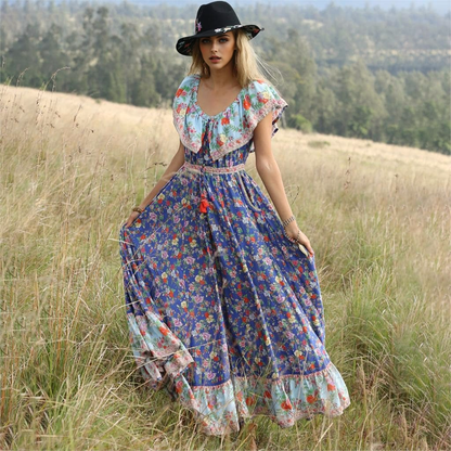 JuliaFashion-Boho Vintage Ruffle Slash Neck Summer Dress