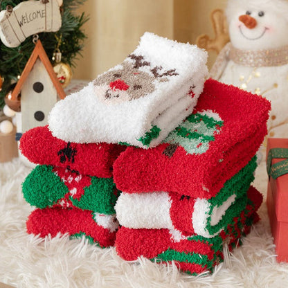Thick Coral Fleece Cute Reindeer Snowman Christmas Socks