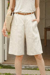 Tortoiseshell Button High Waist Linen Shorts
