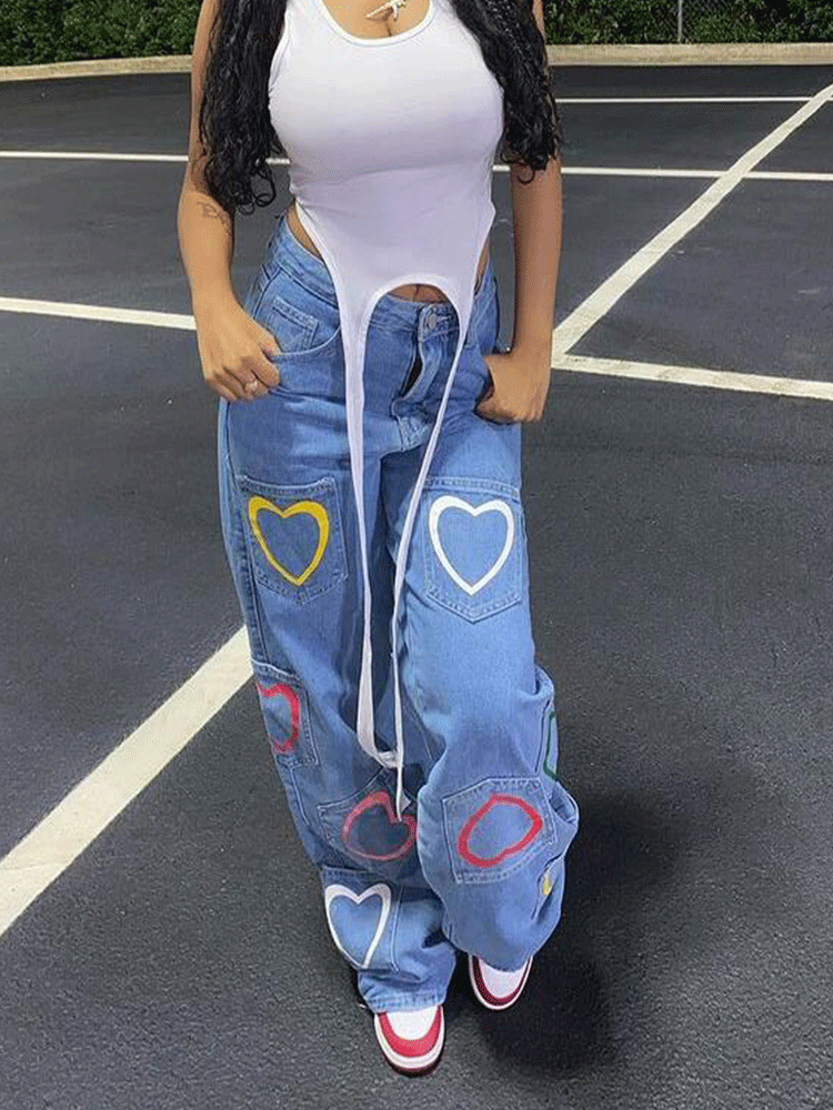 Heart Pattern Graceful Zipper Hoodie Pants