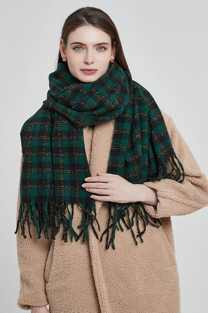 Oversized Fringe Plaid Christmas Scarf