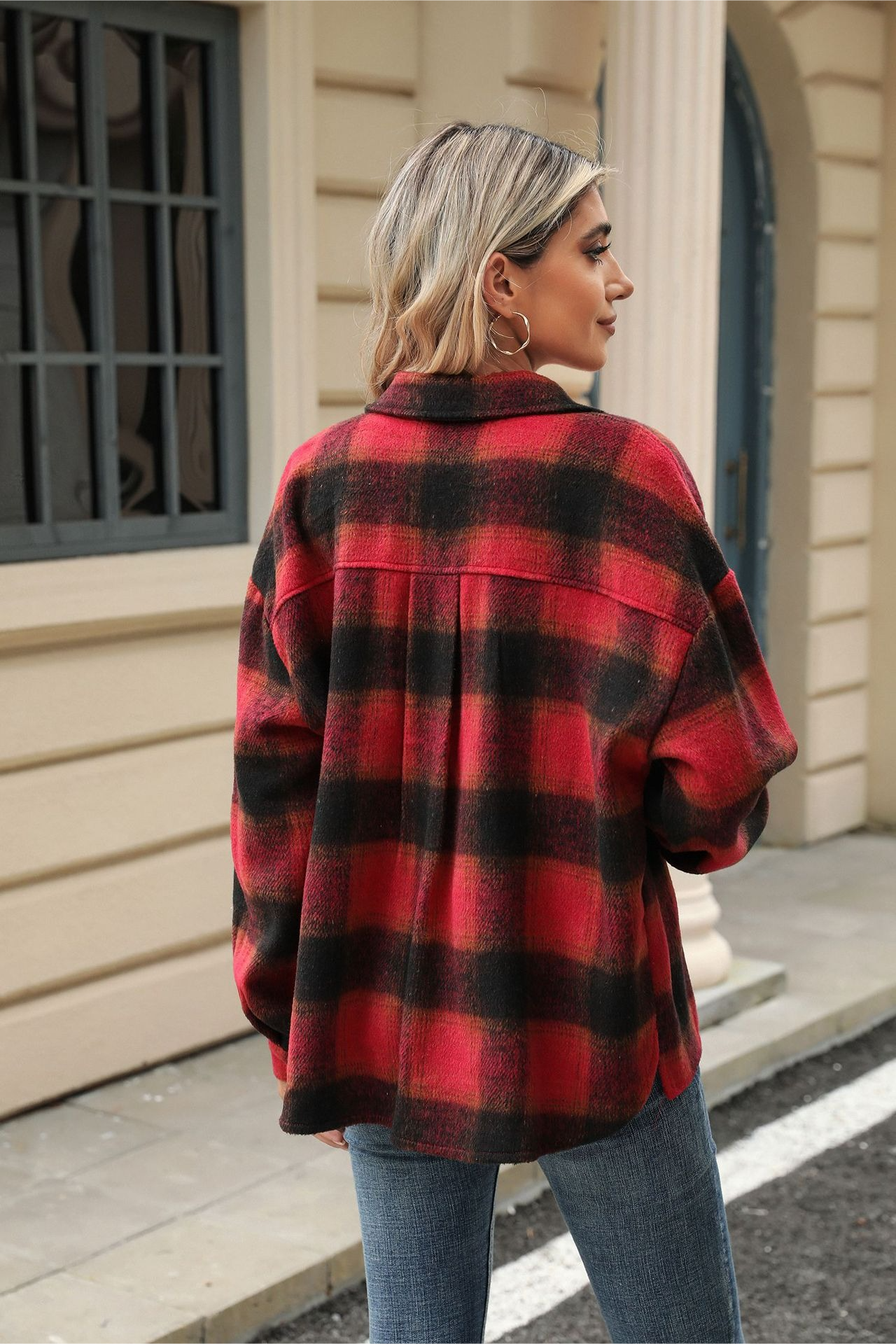 Loose Plaid Lapel Faux Wool Long Sleeve Christmas Outerwear