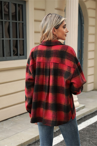 Loose Plaid Lapel Faux Wool Long Sleeve Christmas Outerwear