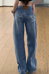 Vintage Rhinestone Letter Print Wide Leg Jeans