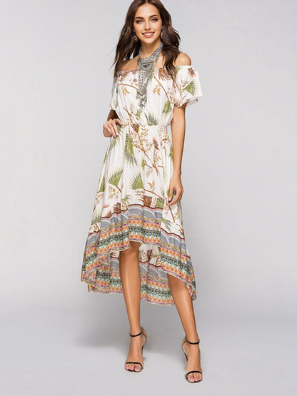 JuliaFashion-Feels Right Leafy Print Off Shoulder Midi Dress