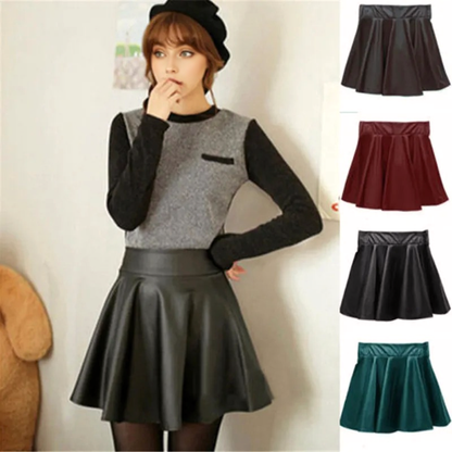 JuliaFashion - Sexy Slim PU Leather High Waist Short Mini Pleated Party Faux Leather Skater Flare Pleated Skirts