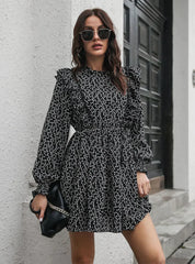 Wood Ear Collar Long Sleeve Printed Dress With Ruffled Detail M / White Dresses