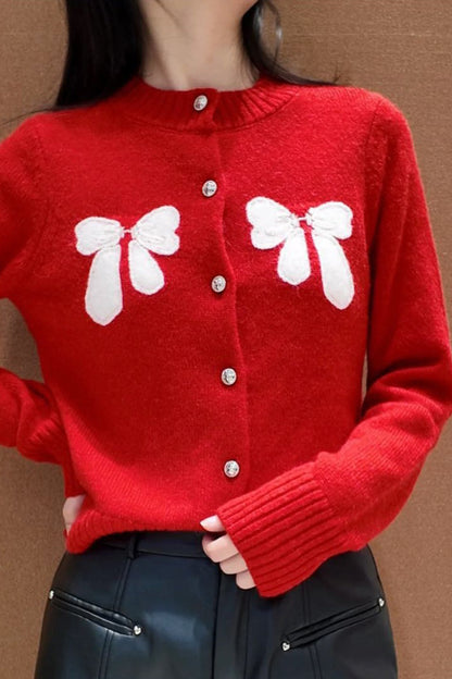 Bow Accent Red Knit Christmas Cardigan
