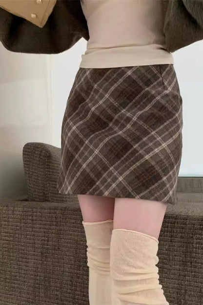 Wool Plaid High Waist A-Line Christmas Skirt