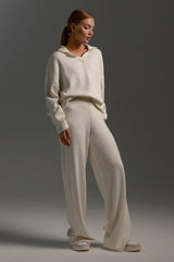 Polo Collar Knit Pullover Wide-Leg Pants Two Piece Set