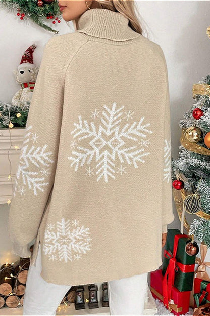 Solid Color Turtleneck Christmas Snowflake Print Sweater