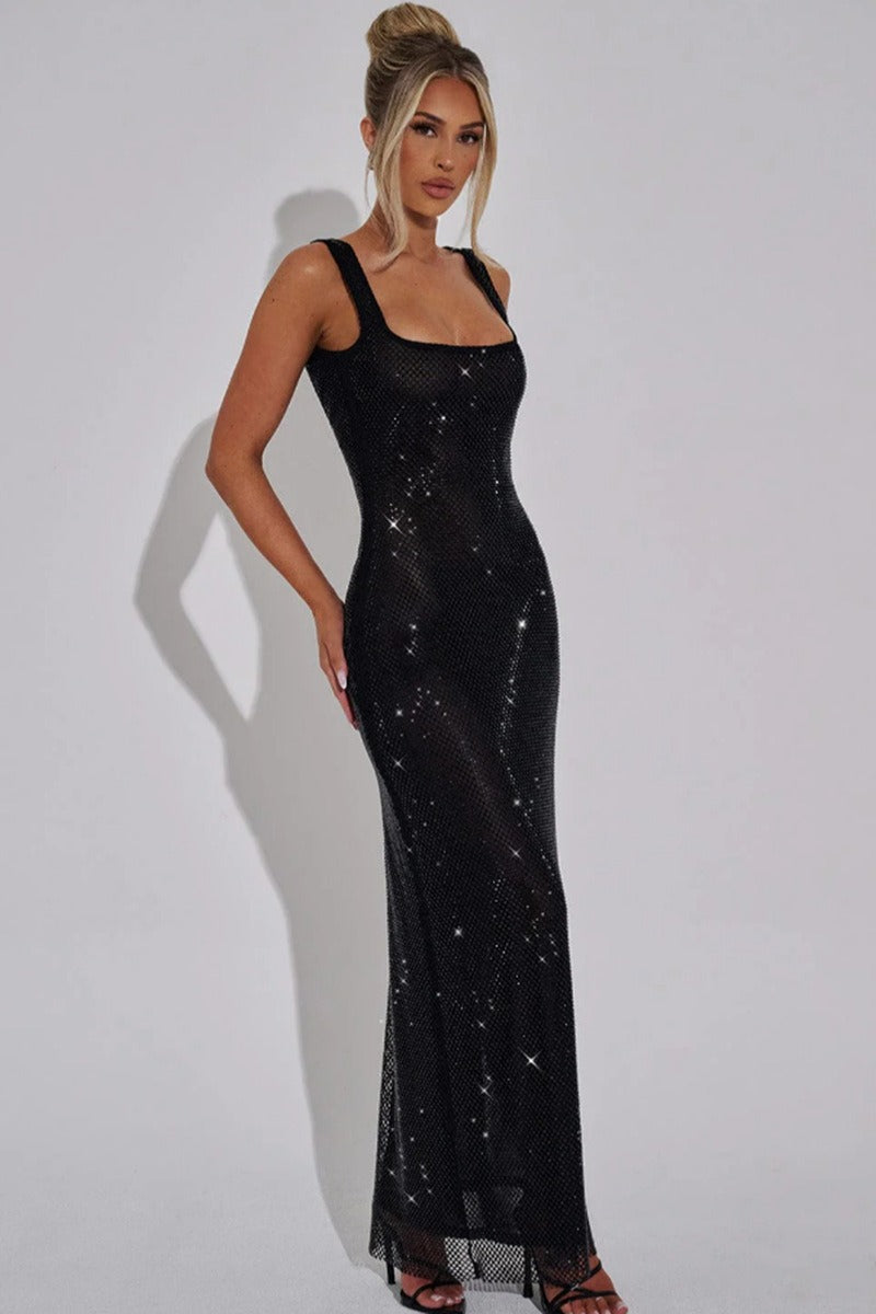 Double Strap Sequin Mesh Slip Dress