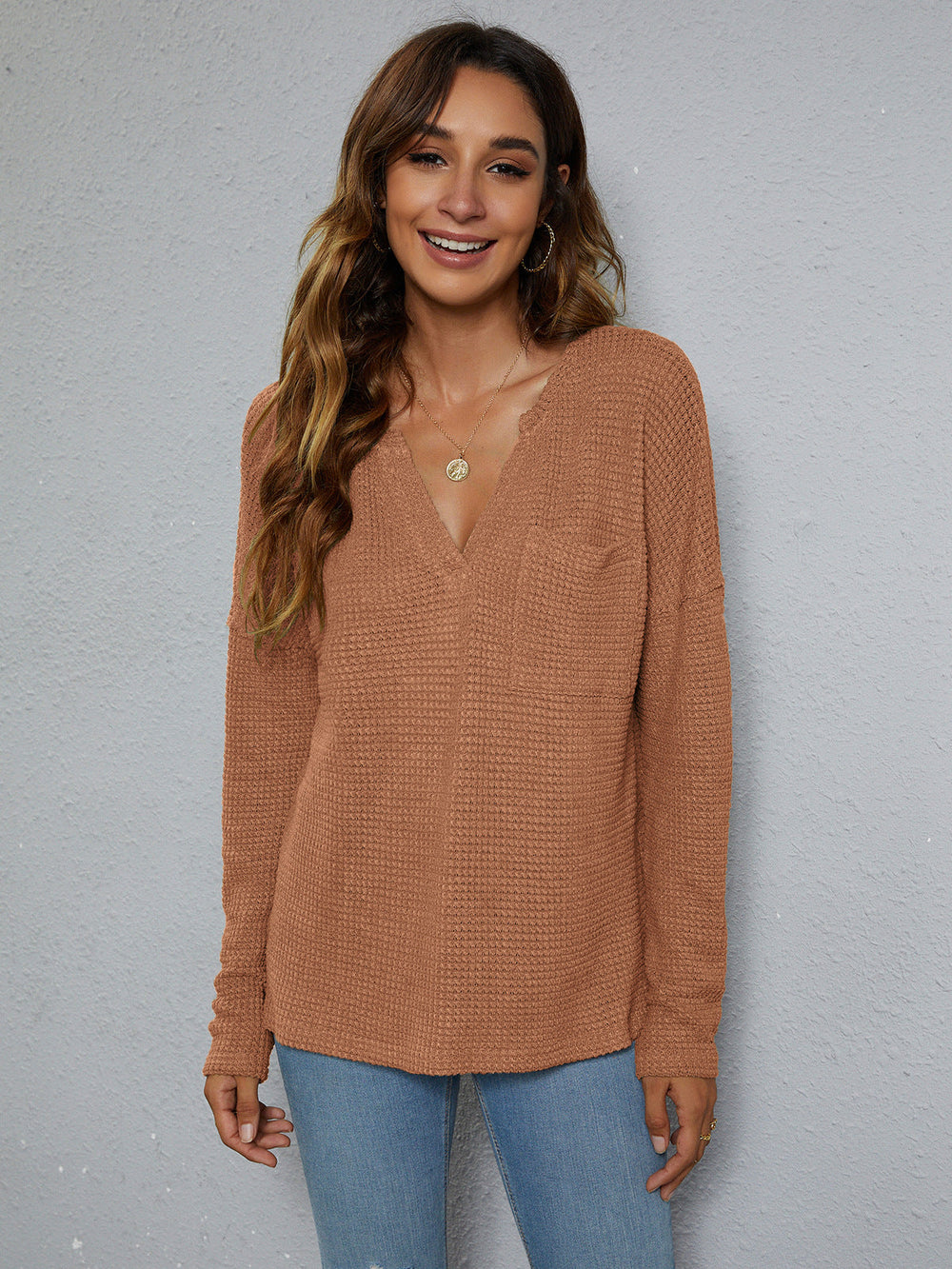 High-Low With Top Dropped Waffle-Knit Shoulder