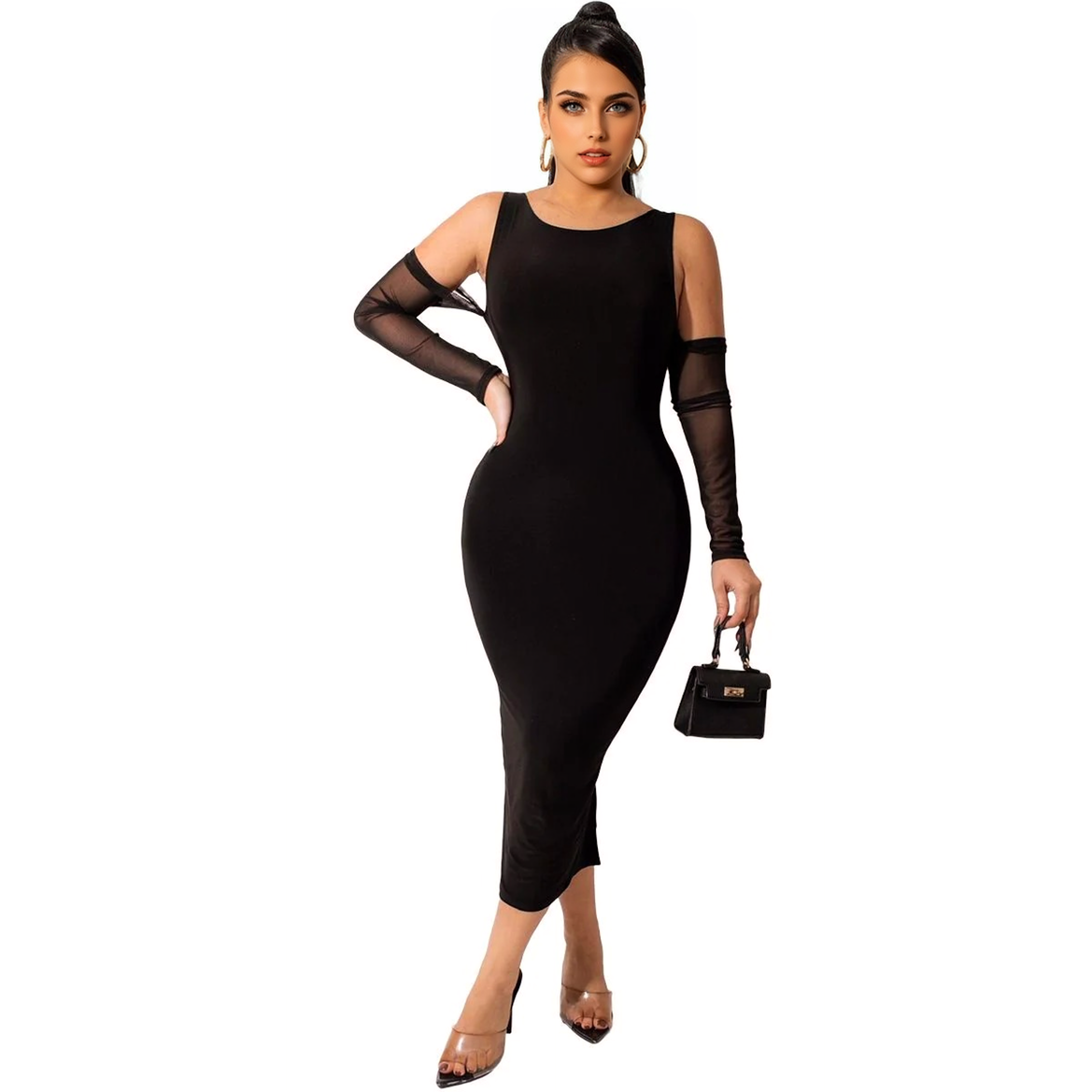 Julia Fashion - Sexy Off Shoulder Mesh Long Sleeve Bodycon Midi Dress