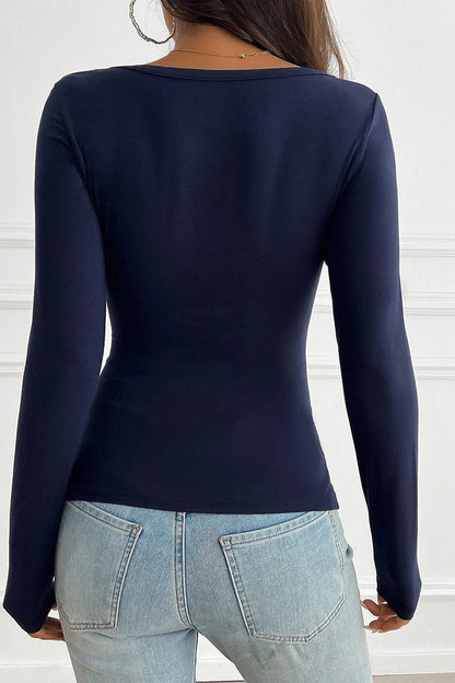 Button Detail Lace Trim V-Neck Long Sleeve Tee