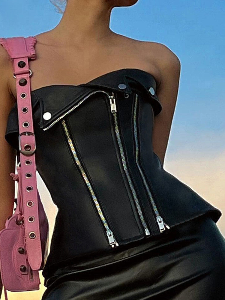 Punk Black Fashion PU Crop Zipper Leather Goth Top