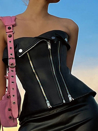 Punk Black Fashion PU Crop Zipper Leather Goth Top