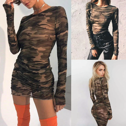 Julia Fashion - Sexy Ladies Camouflage Print Long Sleeve Dress