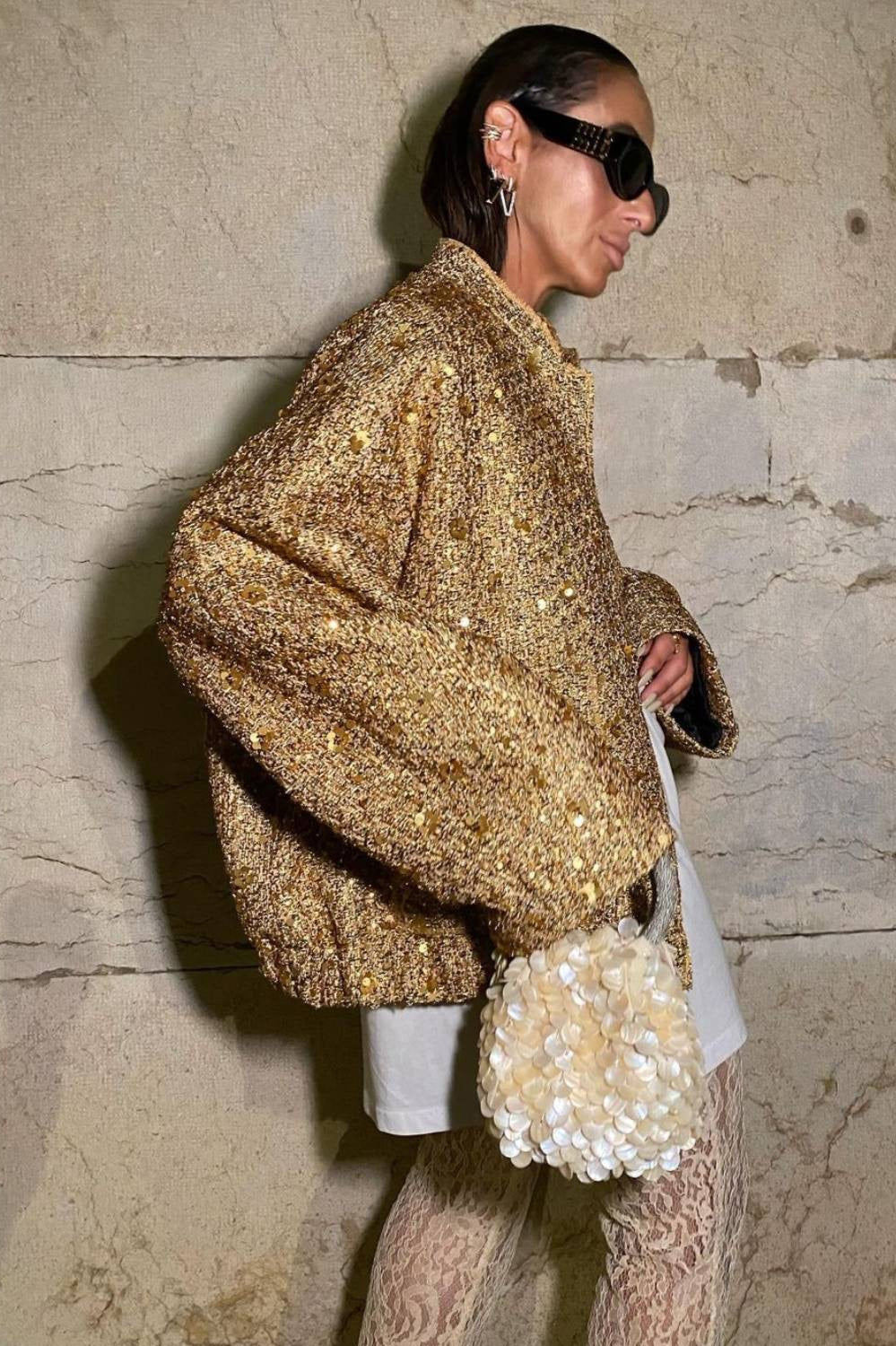 Gold 3D Sequin Embroidered Wool Blend Pocket Coat