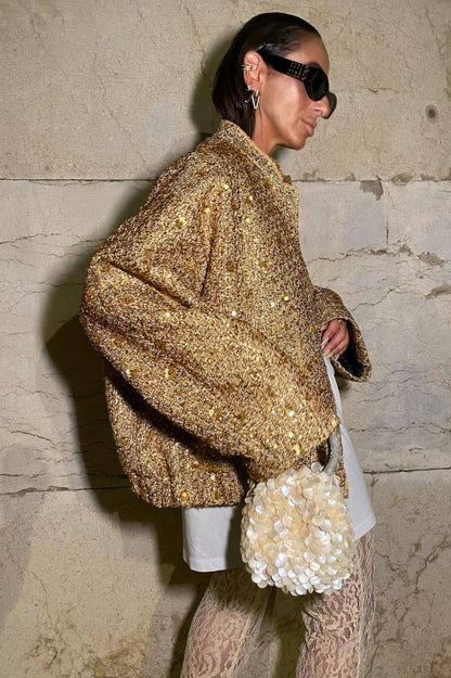 Gold 3D Sequin Embroidered Wool Blend Pocket Coat