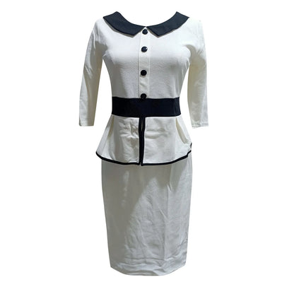 JuliaFashion - 3/4 Sleeves Lapel Collar Patchwork Office Lady Ruffle Peplum Button Slim Wrap Vintage Sheath Pencil Bodycon Dress