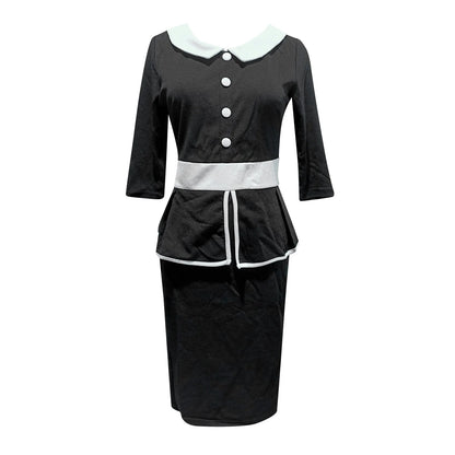 JuliaFashion - 3/4 Sleeves Lapel Collar Patchwork Office Lady Ruffle Peplum Button Slim Wrap Vintage Sheath Pencil Bodycon Dress
