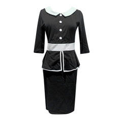 JuliaFashion - 3/4 Sleeves Lapel Collar Patchwork Office Lady Ruffle Peplum Button Slim Wrap Vintage Sheath Pencil Bodycon Dress
