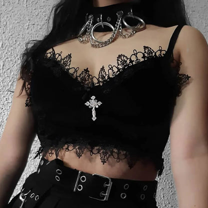 Gothic Bandage Velvet Sleeveless Lace Crop Top