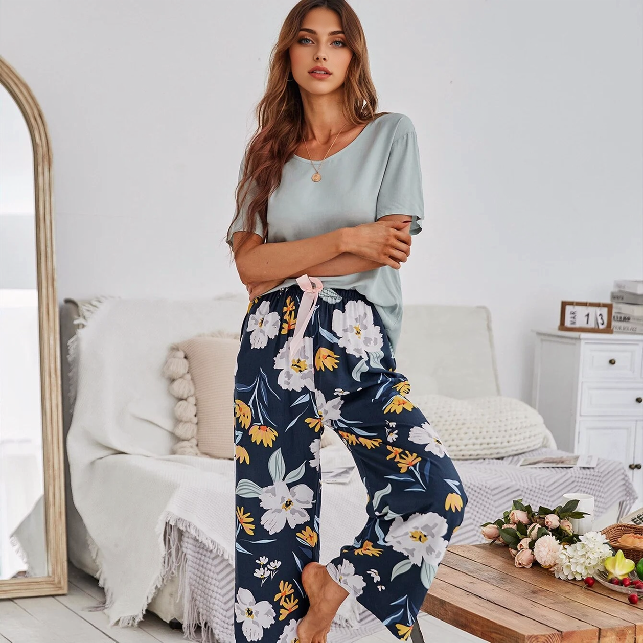 JuliaFashion-Contrast Color Cotton Viscose Home Sleepwear