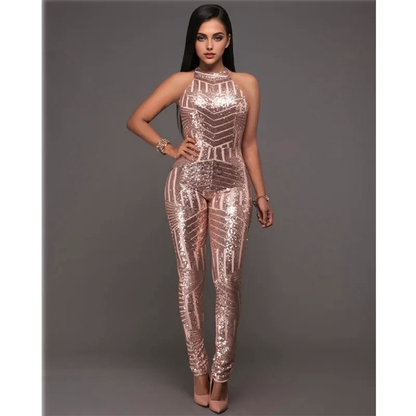 JuliaFashion - Glittering Gold Sequin Mesh Halter Bodycon Jumpsuits